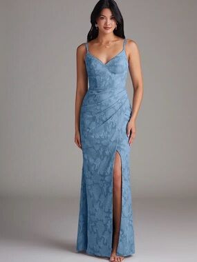 Azazie Leo Blue Lace V-Neck Evening Dress with Side Slit